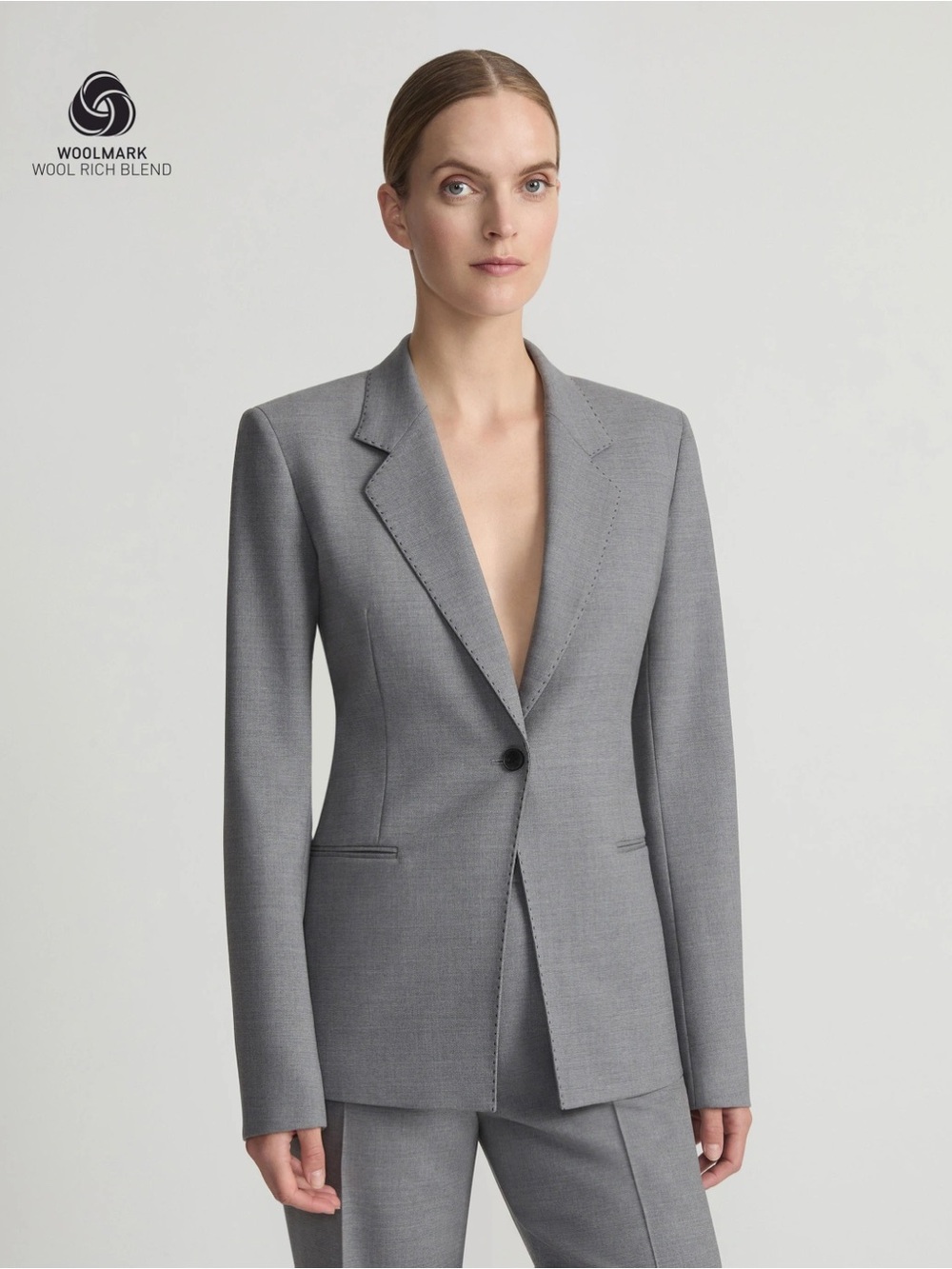 Lafayette 148 New York Virgin Wool Blazer Jacket Grey Pickstitch Single Button